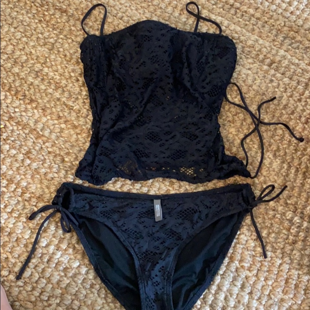 Black lacy two piece swimsuit.